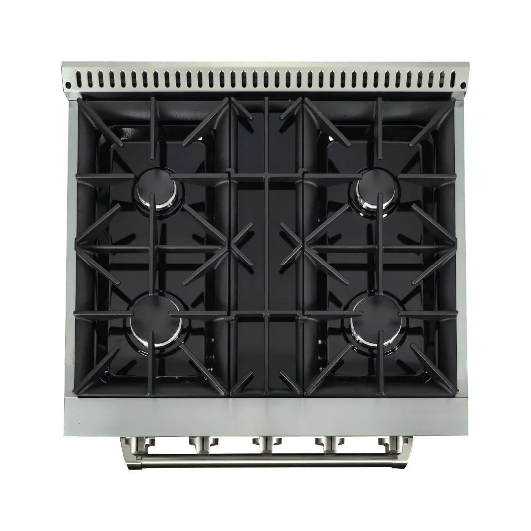 Top view of the ProlineRangeHoods.com Dual Fuel Kitchen Range in stainless steel with 4 high-output 15,000 BTU burners.