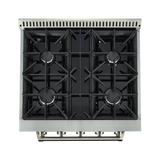 Top view of the ProlineRangeHoods.com Dual Fuel Kitchen Range in stainless steel with 4 high-output 15,000 BTU burners.