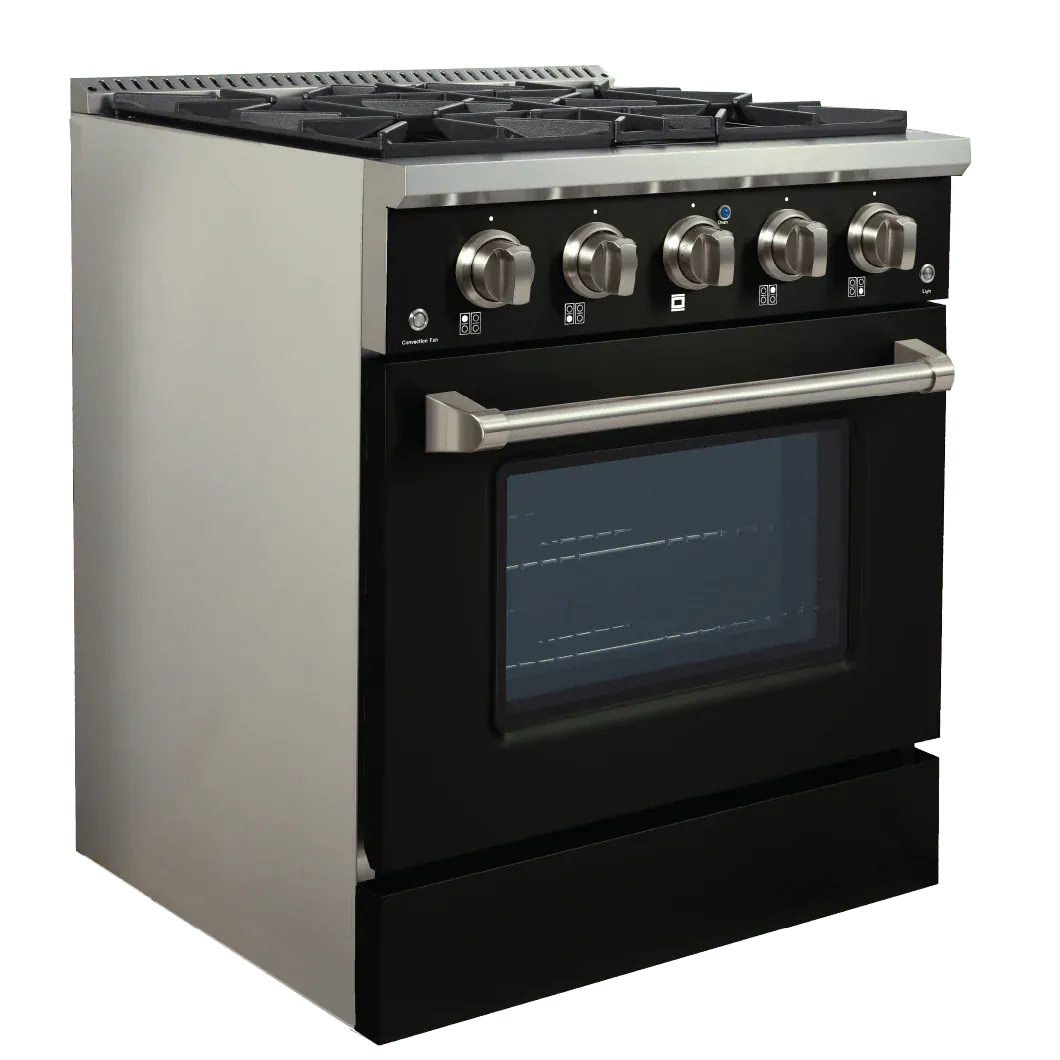 ProlineRangeHoods.com: The matte black Proline Range Hoods Dual Fuel Kitchen Range has an electric oven, black door, & five burners.