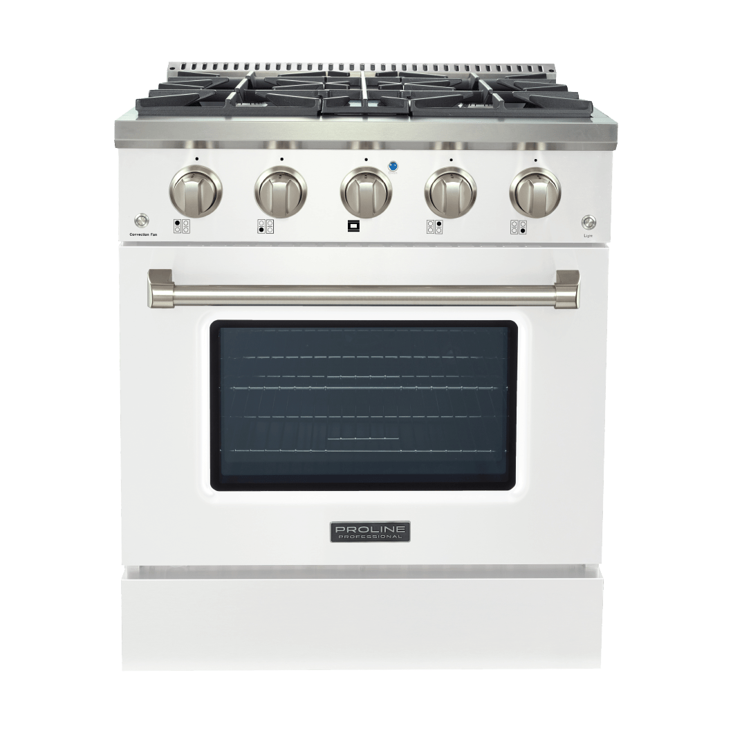 The Gloss White Dual Fuel Kitchen Range by ProlineRangeHoods.com offers high-output burners with 15,000 BTUs and five knobs.