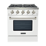 The Gloss White Dual Fuel Kitchen Range by ProlineRangeHoods.com offers high-output burners with 15,000 BTUs and five knobs.