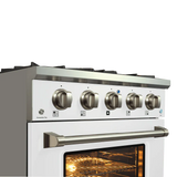 Gloss white Dual Fuel Kitchen Range by ProlineRangeHoods.com, with four high-output burners and a spacious electric oven.