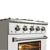 Gloss white Dual Fuel Kitchen Range by ProlineRangeHoods.com, with four high-output burners and a spacious electric oven.