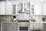 Discover a modern kitchen at ProlineRangeHoods.com with a Dual Fuel Range, perfect with hexagonal tile and glass cabinets.