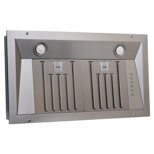 The ProlineRangeHoods.com PLGL Classic offers up to 1200 CFM, dishwasher-safe filters, lights & right-side controls.