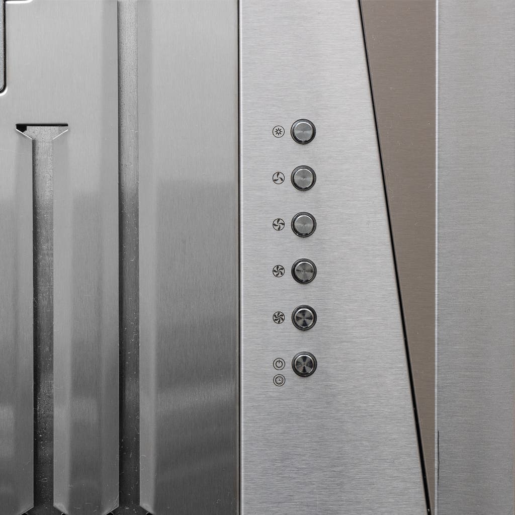 ProlineRangeHoods.com: Close-up of the PLGL Classic stainless steel insert with 6 round buttons, up to 1200 CFM.
