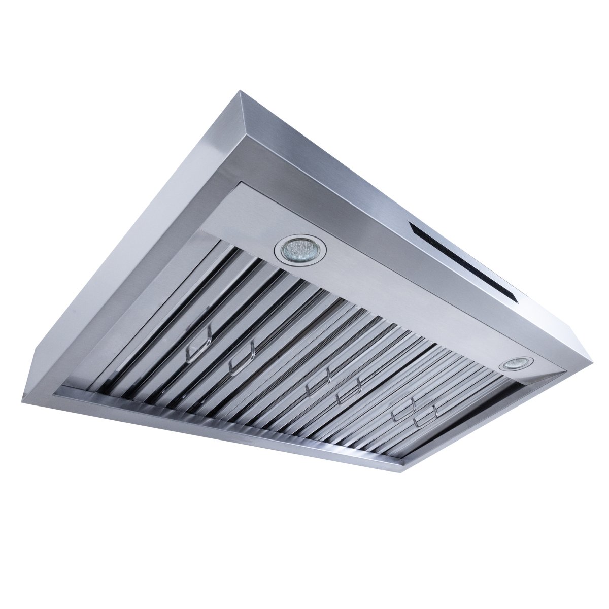The ProlineRangeHoods.com King Air from the Dream Home Series is a modern, wall-mounted range hood with a stainless steel, white, and matte black finish, 550/1200 CFM power, and built-in lights.