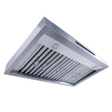 The ProlineRangeHoods.com King Air from the Dream Home Series is a modern, wall-mounted range hood with a stainless steel, white, and matte black finish, 550/1200 CFM power, and built-in lights.