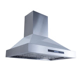 The ProlineRangeHoods.com King Air wall-mounted hood offers 550 CFM airflow, stainless, white, matte black finishes, digital controls.