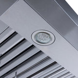 Close-up of a ceiling spotlight in the slatted panel of ProlineRangeHoods.com Dream Home Series stainless steel hood.