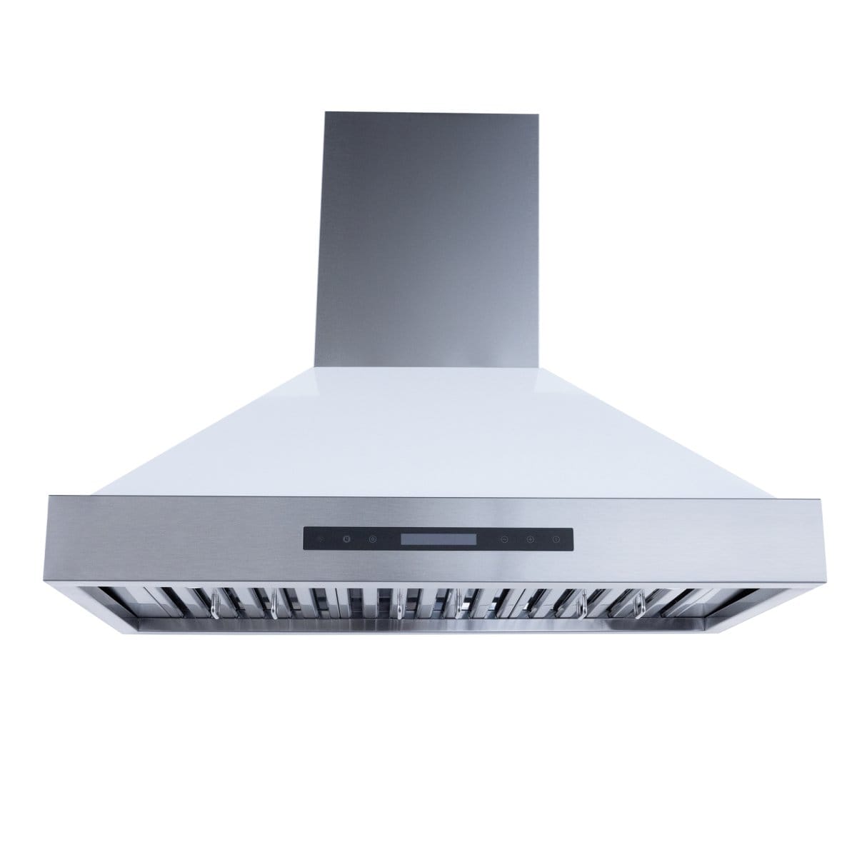 The Proline King Air by ProlineRangeHoods.com is a wall-mounted range hood featuring stainless steel, white, and matte black finishes with digital controls and a 550 CFM airflow capacity.