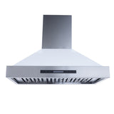 The Proline King Air by ProlineRangeHoods.com is a wall-mounted range hood featuring stainless steel, white, and matte black finishes with digital controls and a 550 CFM airflow capacity.