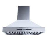 The Proline King Air by ProlineRangeHoods.com is a wall-mounted range hood featuring stainless steel, white, and matte black finishes with digital controls and a 550 CFM airflow capacity.