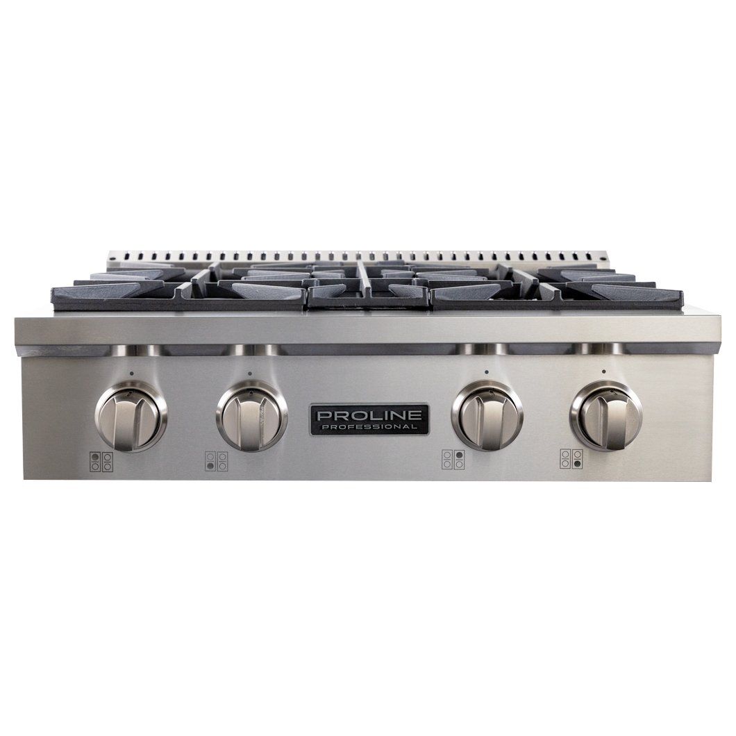 ProlineRangeHoods.com PLST gas range: 30", 36", or 48" size, 4 burners, Proline brand, 15,000 BTUs, stainless steel.