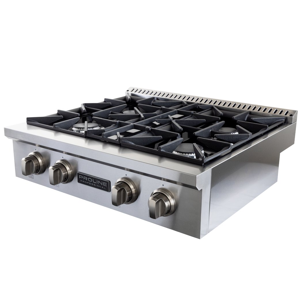 The Proline PLST Gas Range by Proline Range Hoods—find it at ProlineRangeHoods.com—offers 4 burners, 15,000 BTUs each.