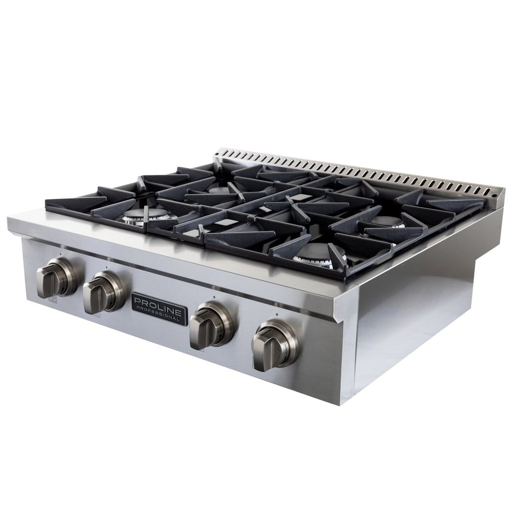 The Proline PLST Gas Range by Proline Range Hoods—find it at ProlineRangeHoods.com—offers 4 burners, 15,000 BTUs each.