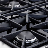 Close-up of the Proline PLST Gas Range by ProlineRangeHoods.com—15,000 BTUs, sleek black burners, compact design.