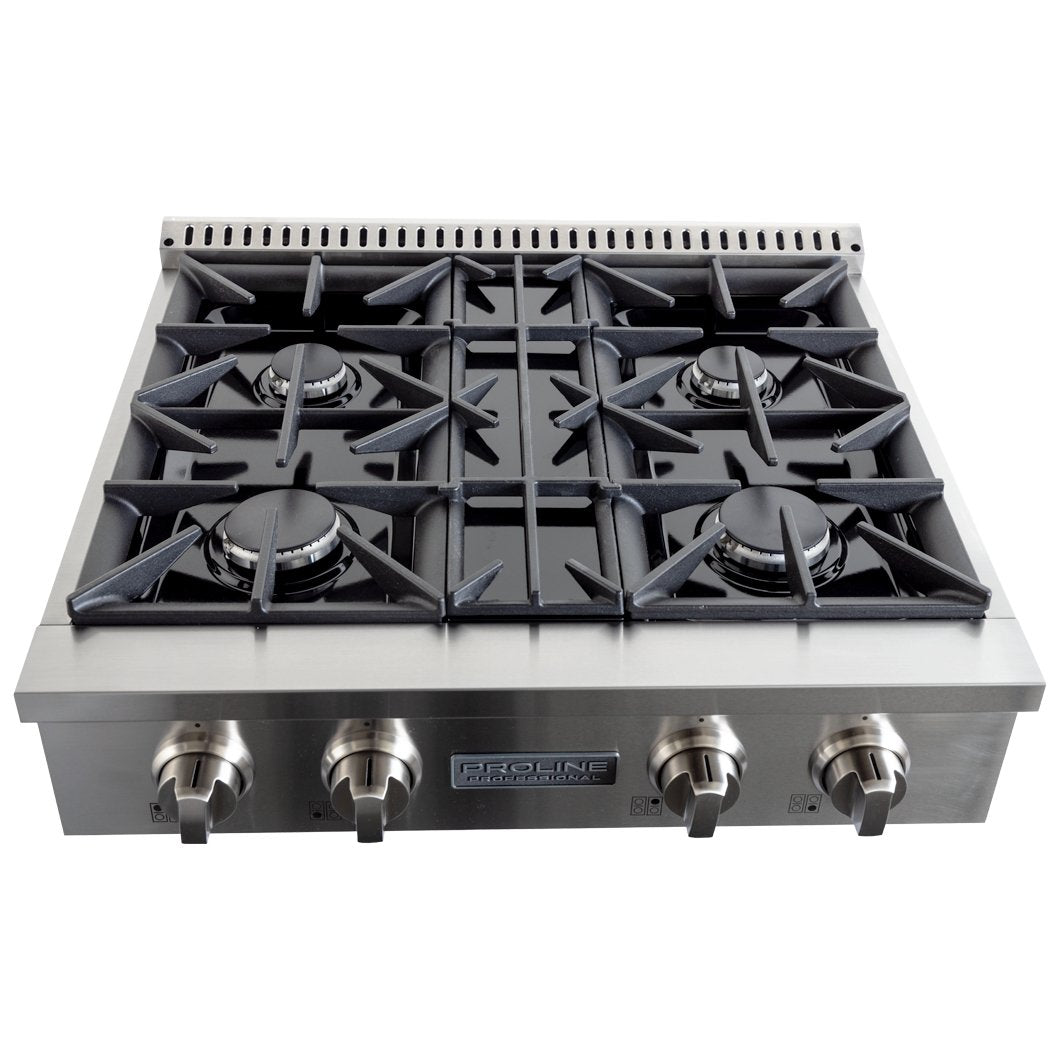 The Proline PLST Gas Range by ProlineRangeHoods.com offers 15,000 BTUs and four burners in a compact stainless design.
