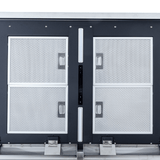 Close-up of metal cabinet with four mesh doors, two vents, Proline 42-Inch Range Hood, 1200 CFM. ProlineRangeHoods.com.