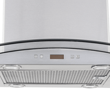 ProlineRangeHoods.com PLFI 544 stainless steel island hood with 600 CFM motor, controls, and lights, seen from below.