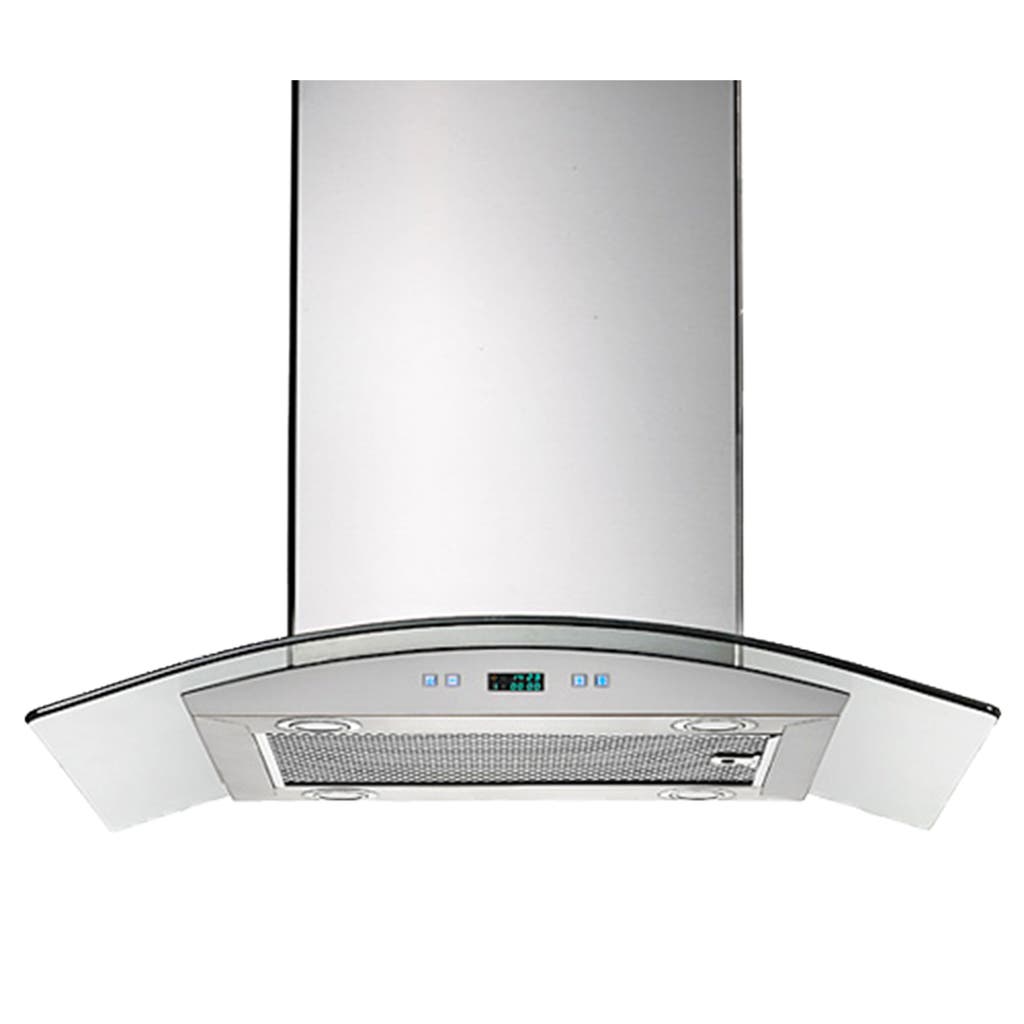 ProlineRangeHoods.com Island Range Hood, with 600 CFM motor and stainless steel finish, advanced digital controls, curved glass.