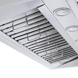 Close-up of Proline PLFI 755 Island Range Hood with 1100 CFM motor, lights, LCD panel. ProlineRangeHoods.com.