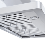 Close-up of Proline Range Hoods PLFW 129 E in stainless steel, metal slats, hooks, light; ProlineRangeHoods.com.