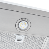 Close-up of Proline Range Hoods PLFW 520 in matte black with LED light, mesh filter; see ProlineRangeHoods.com.