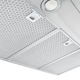 Close-up of Proline PLFW 520 range hood in black/stainless, buttons, light, 600/1200 CFM. ProlineRangeHoods.com.