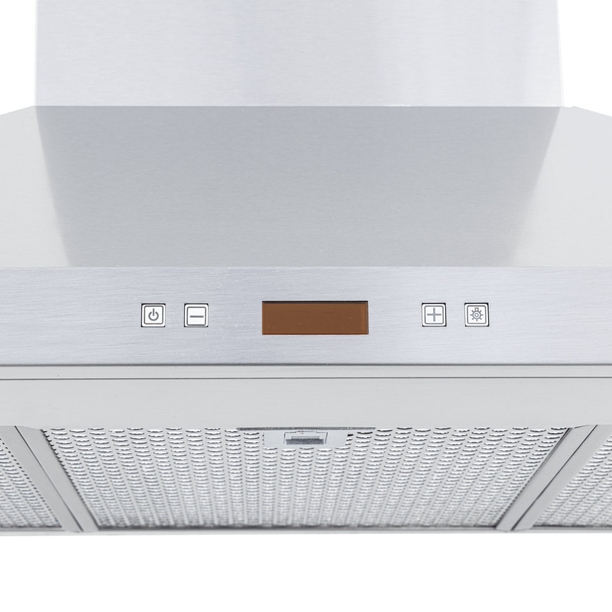 Proline PLFW 520 matte black range hood, buttons, digital display, 600/1200 CFM, ductless; ProlineRangeHoods.com.