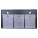 The Proline PLFW 520 by ProlineRangeHoods.com is a black wall-mounted hood with 3 filters and 2 lights for kitchen ventilation.