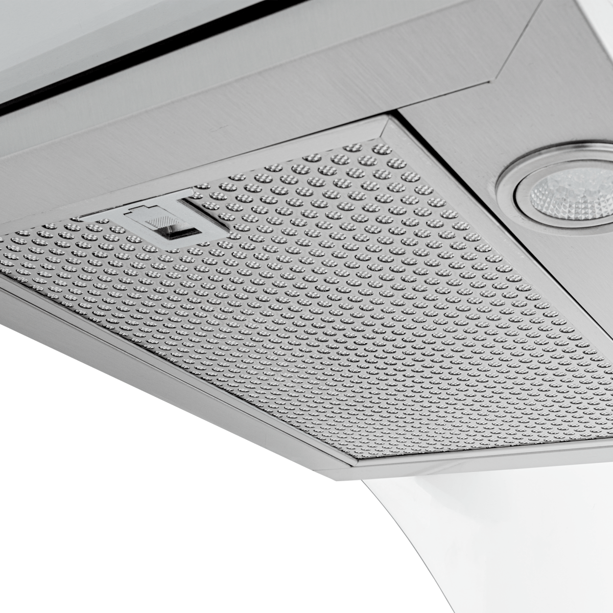 Close-up of the Proline PLFW 544 Wall Mounted Range Hood at ProlineRangeHoods.com—600 CFM, quiet, stylish, ductless.