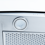 Close-up of ProlineRangeHoods.com PLFW 544 wall mount hood: LED light, quiet 600 CFM, ductless option.