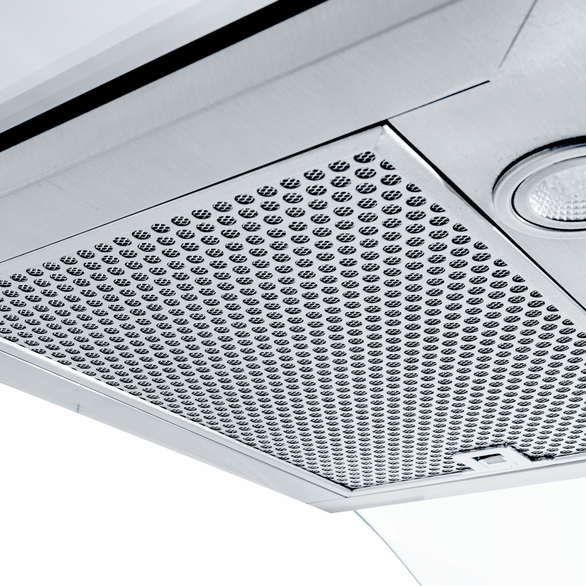 Close-up of Proline PLFW 544’s filter and light, quiet 600 CFM. Convertible. ProLineRangeHoods.com.