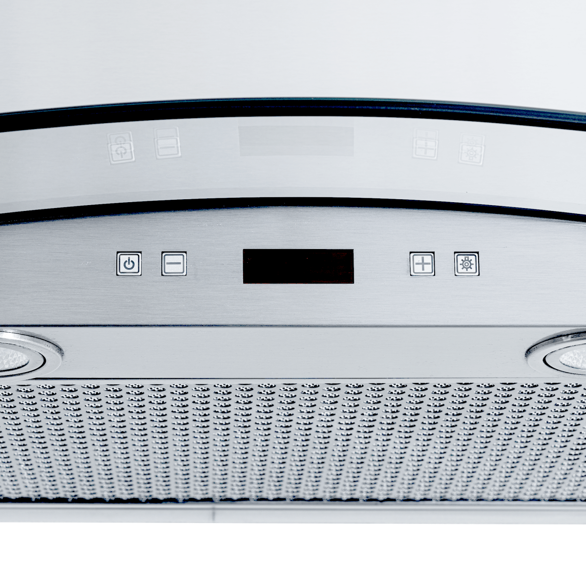 ProlineRangeHoods.com: Close-up of the PLFW 544 Wall Mounted Hood, stainless steel, quiet 600 CFM, ductless option.