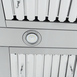 Close-up of Proline PLFW 755 wall-mounted stainless hood, dual 1100 CFM motors, at ProlineRangeHoods.com.