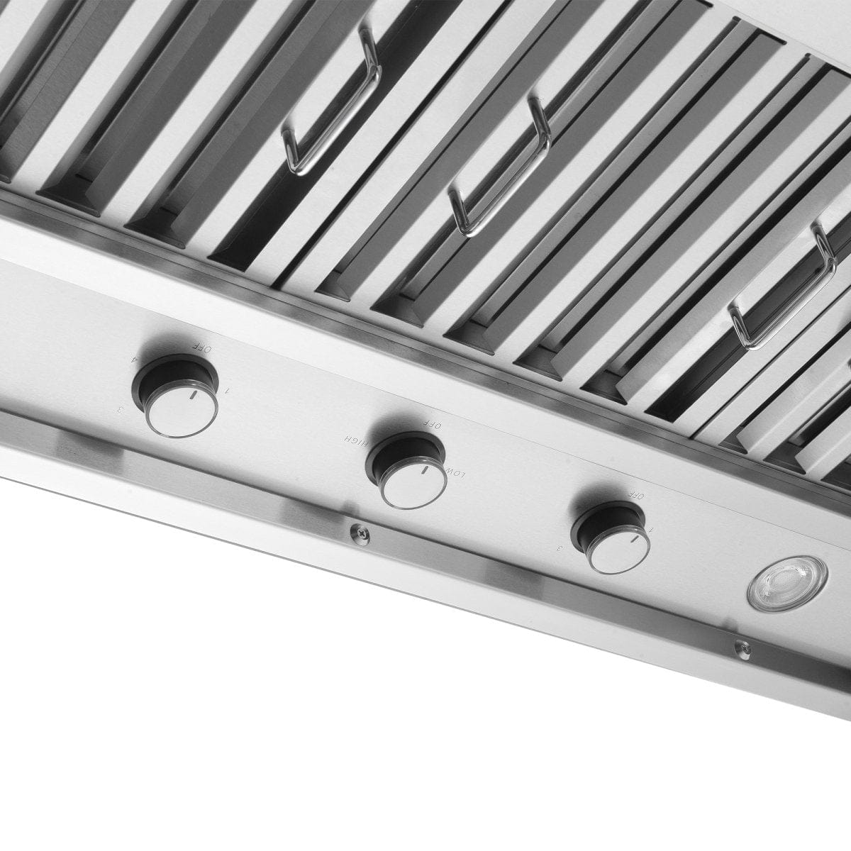 Close-up of the ProlineRangeHoods.com Island Range Hood model PLGI 104 304SS, with 1200 CFM from weather-resistant stainless steel.