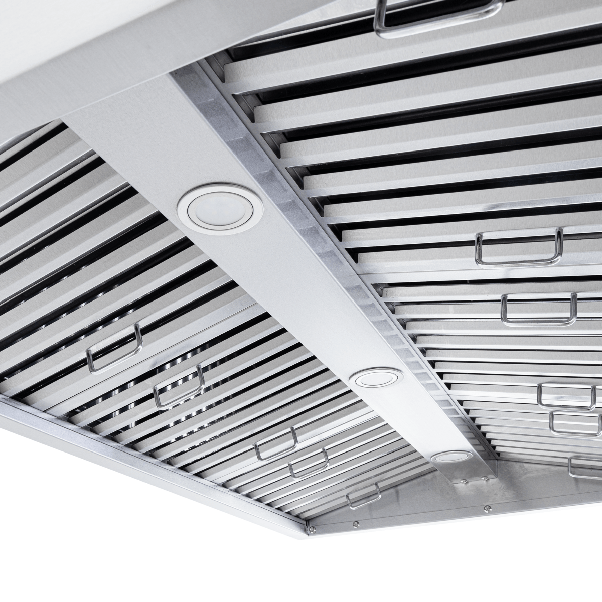 Close-up of Proline PLJI 109 Island Range Hood with slatted filters, lights, 1200 CFM motor. ProlineRangeHoods.com.