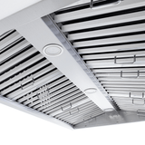 Close-up of Proline PLJI 109 Island Range Hood with slatted filters, lights, 1200 CFM motor. ProlineRangeHoods.com.