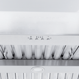 Proline PLJI 109 Island Range Hood with stainless finish, dual motors, 1200 CFM, filters—underside view. ProlineRangeHoods.com.