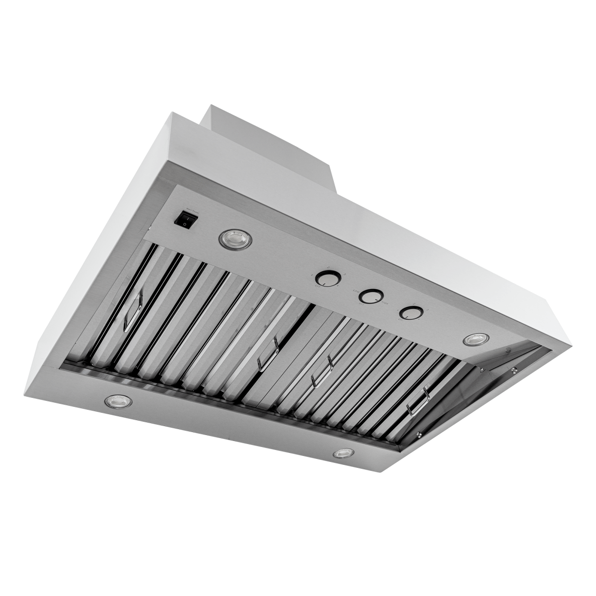 Proline PLJW 104 wall-mounted range hood, stainless steel, 1200 CFM; shown from below. ProlineRangeHoods.com.