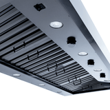 Close-up of Proline PLJW 104 range hood with dual 1200 CFM blowers, LED lights, and steel finish. ProlineRangeHoods.com.