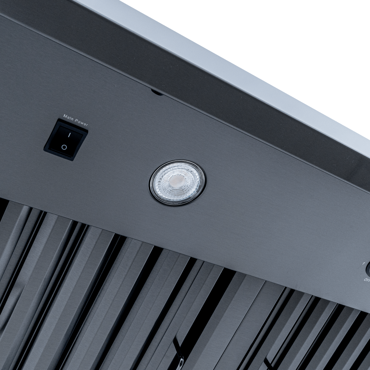 Close-up of Proline PLJW 104 Range Hood panel, power switch, center light; 1200 CFM. ProlineRangeHoods.com.