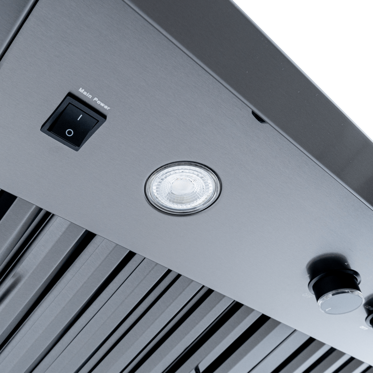 Close-up of Proline PLJW 104 wall-mounted range hood, stainless steel, dual blower, filters. ProlineRangeHoods.com.