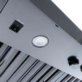 Close-up of Proline PLJW 104 wall-mounted range hood, stainless steel, dual blower, filters. ProlineRangeHoods.com.