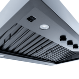 Close-up of Proline PLJW 104 wall-mount range hood, dual blowers, light, 1200 CFM, stainless steel. ProlineRangeHoods.com.