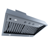 Proline PLJW 104 range hood with stainless finish, dual blowers, controls, lights, filters—shown from below. ProlineRangeHoods.com.