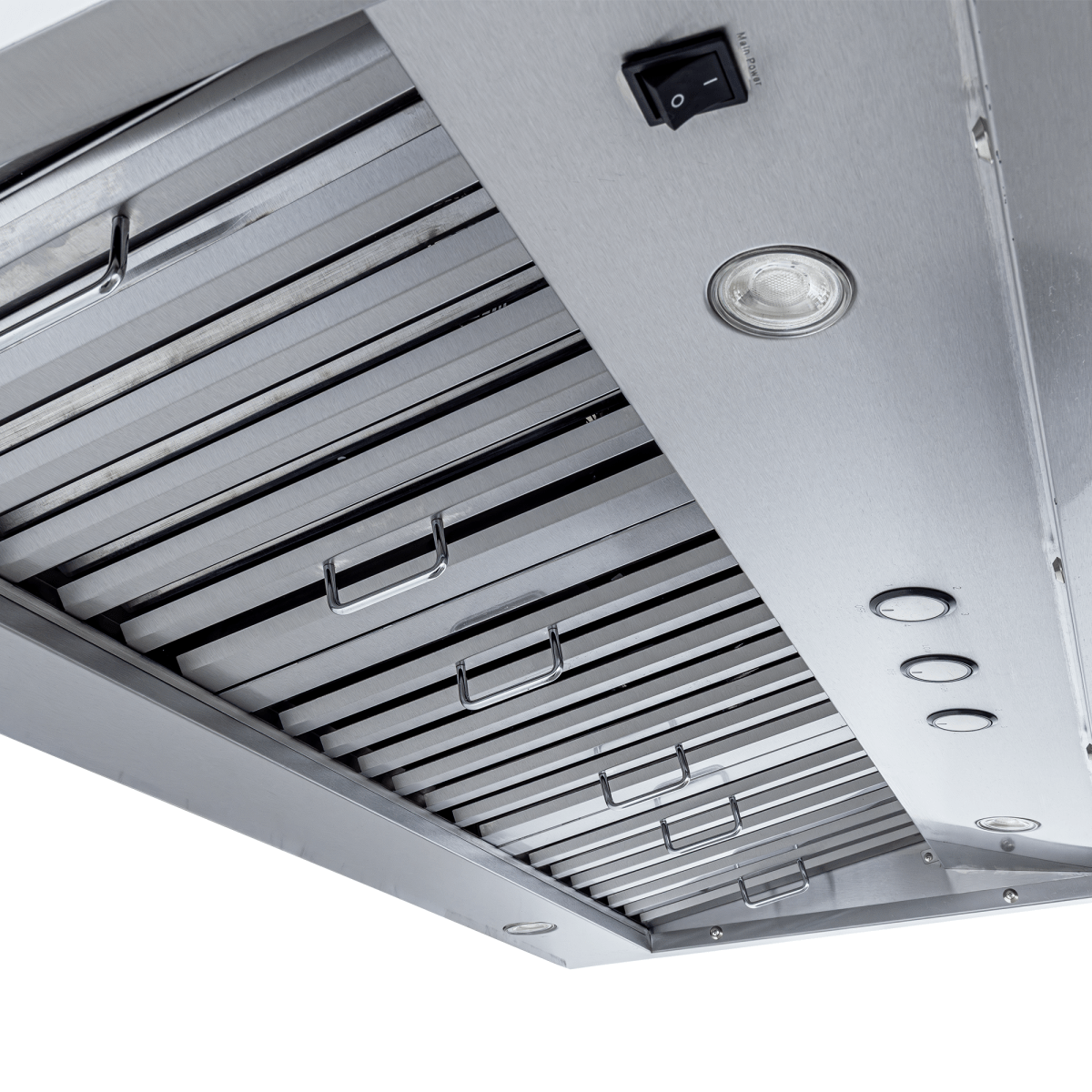 Close-up of Proline PLJW 104 range hood, stainless steel finish, dual blowers, vents—ProlineRangeHoods.com.