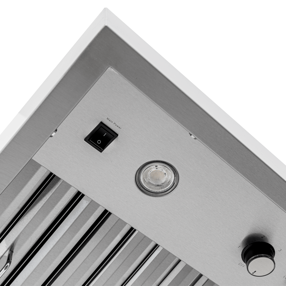 Close-up of Proline PLJW 104 stainless range hood with filters, light, knob, up to 1200 CFM. ProlineRangeHoods.com.