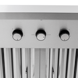 Close-up of three control knobs on the Proline PLJW 104 range hood, stainless steel finish. ProlineRangeHoods.com.